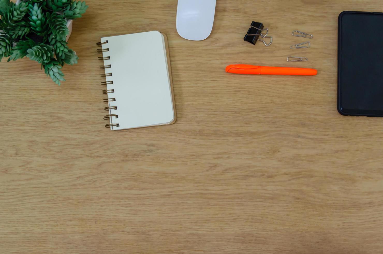 Top view of office desk photo