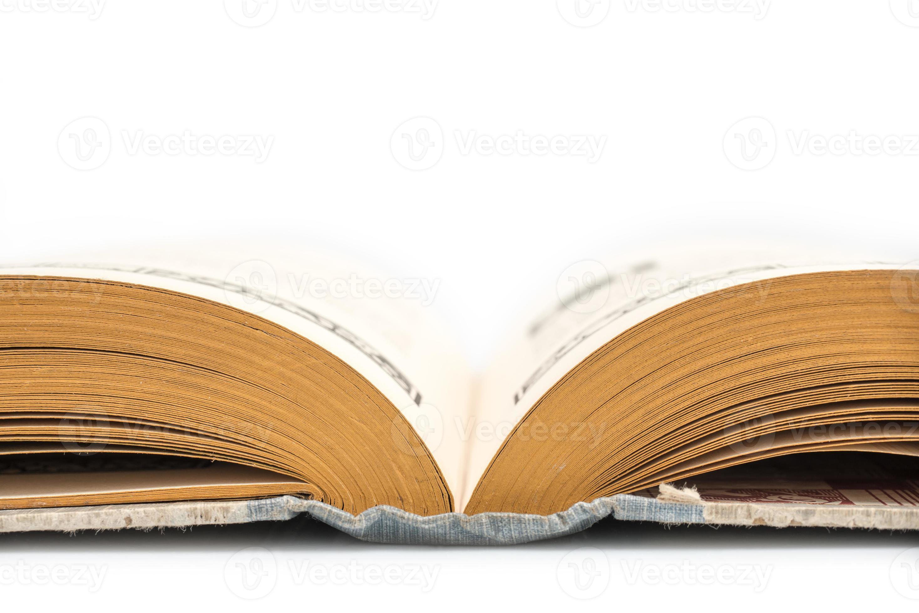 Old fashioned opened book, side view, isolated on white background
