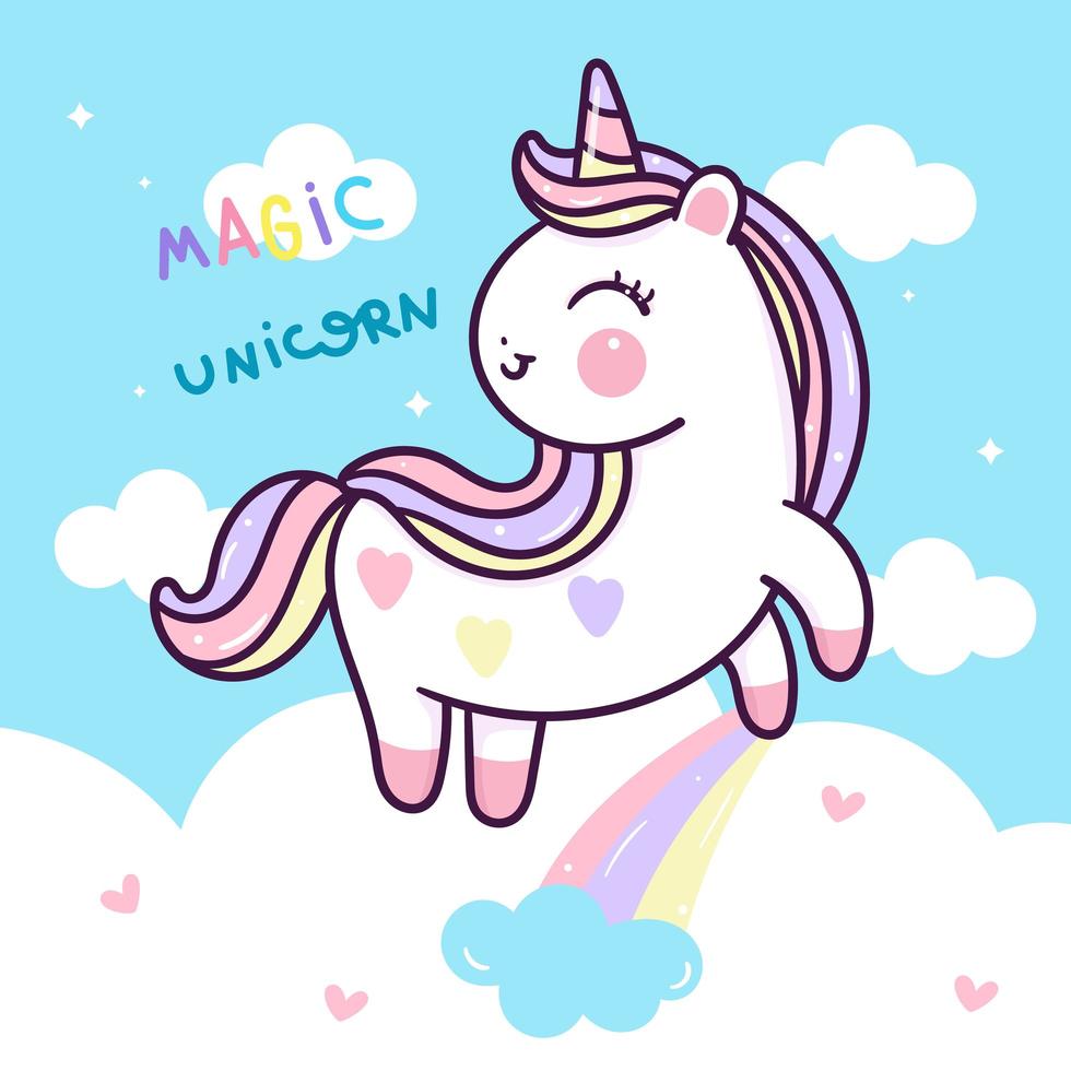 lindo unicornio en nubes con arcoiris vector