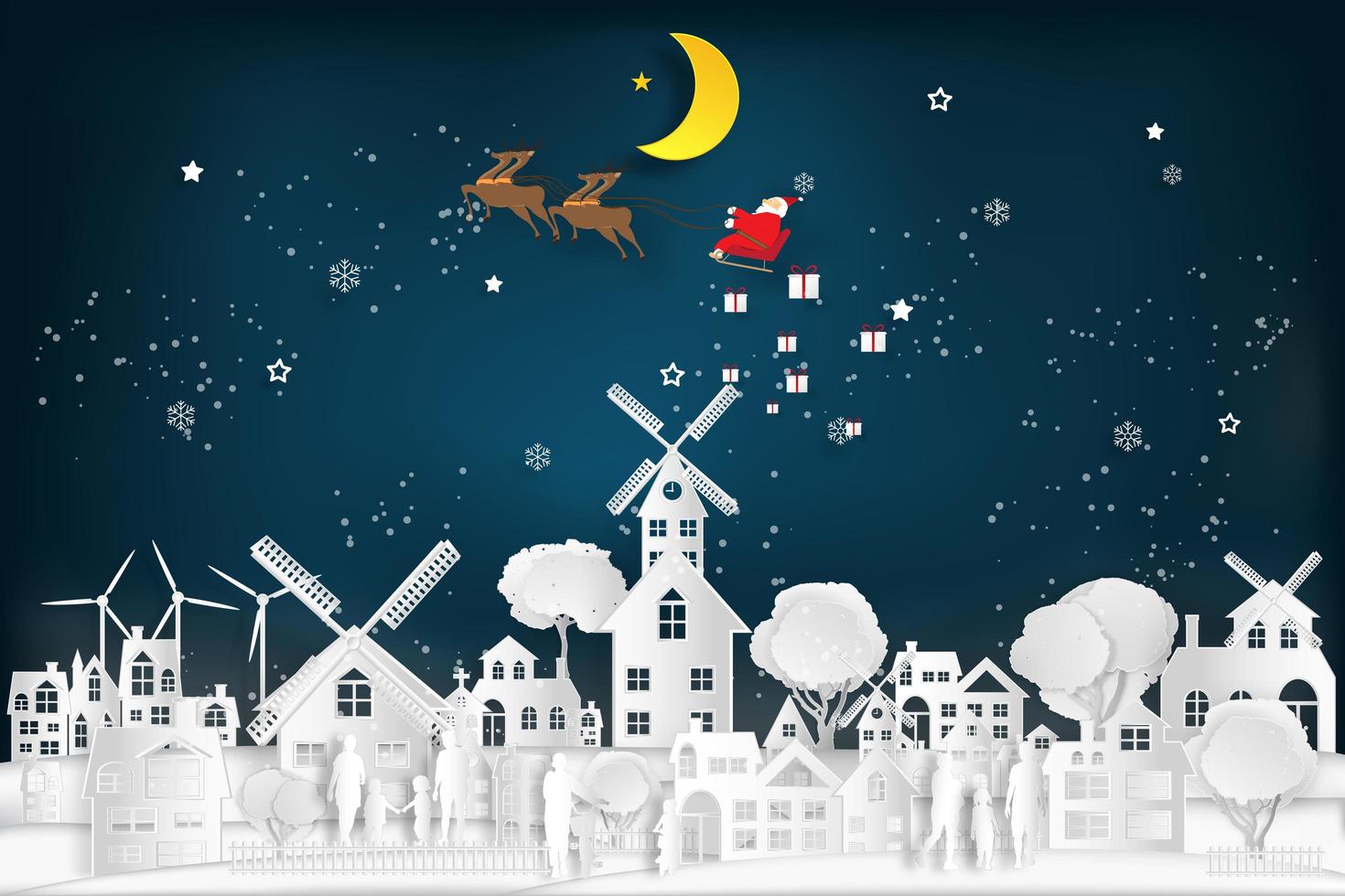 Paper Cut Santa and Sleigh Flying Over Town Scene vector