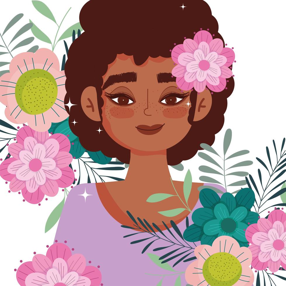 mujer joven afroamericana con flores vector
