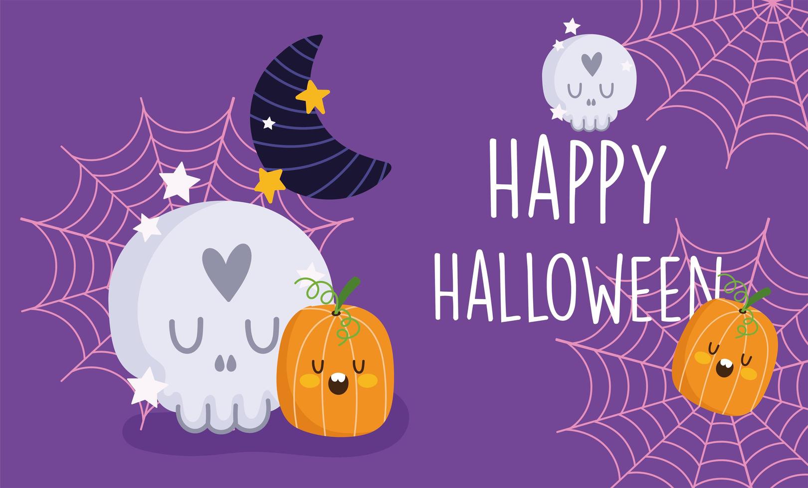 Happy halloween, skull, pumpkins, moon and cobweb vector