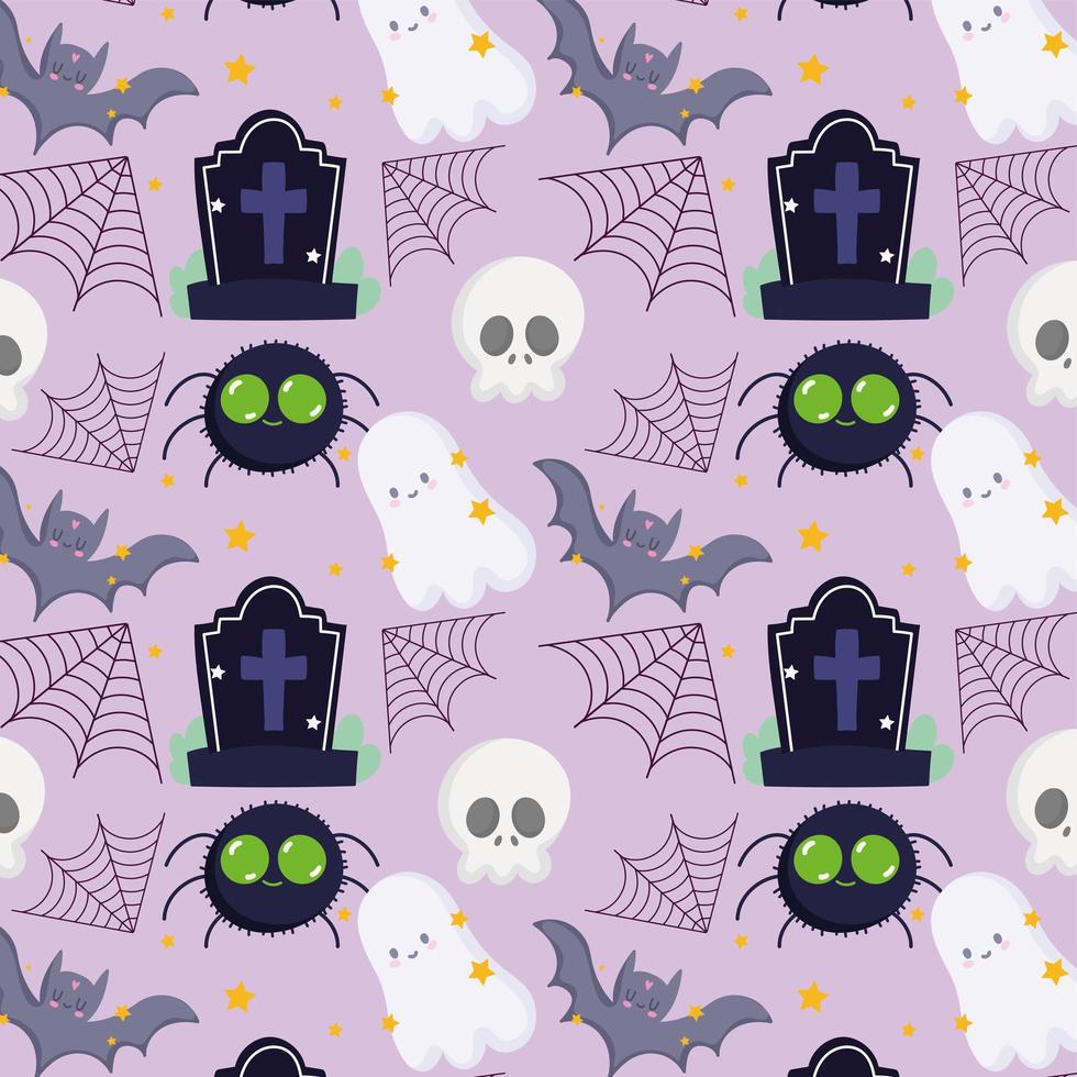 Halloween, ghosts, bats, spiders, skulls and gravestones pattern vector