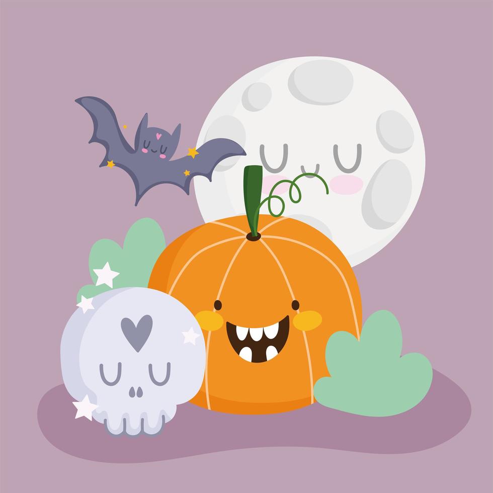 Happy halloween, pumpkin, skull, bat and moon  vector