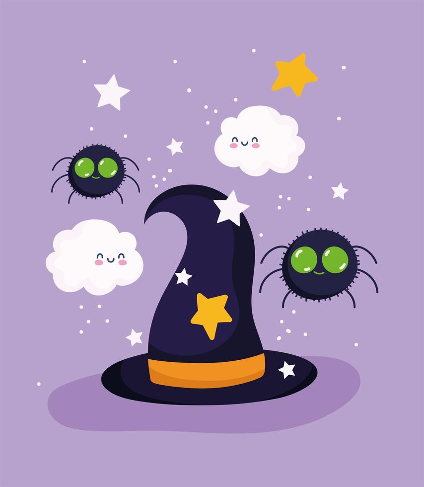 Happy halloween, witch hat, spiders and clouds vector