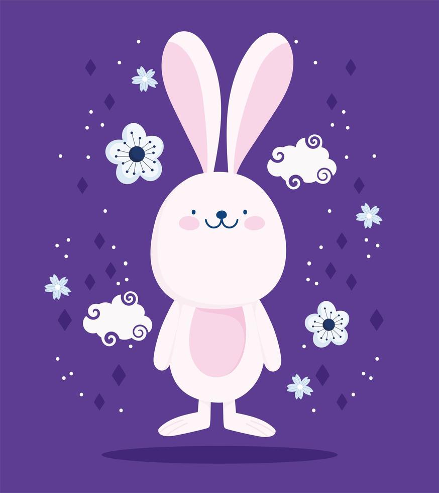 Cute pink rabbit, clouds and flowers  vector