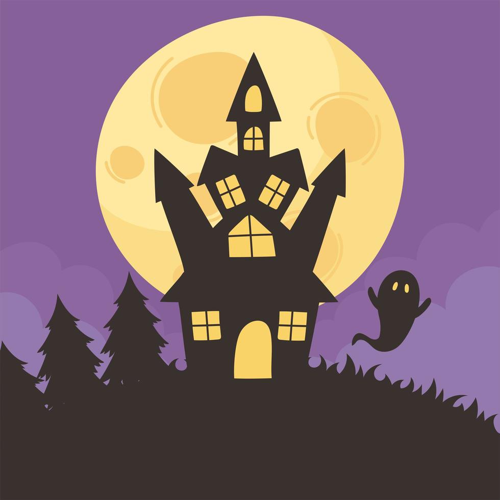 feliz halloween, castillo, fantasma y noche de luna vector