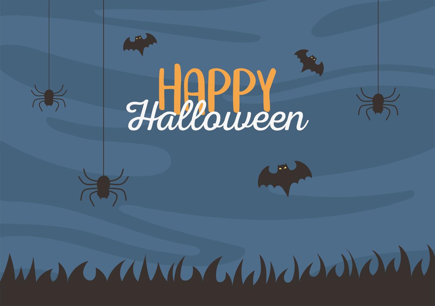 Happy halloween, hanging spiders and bats vector