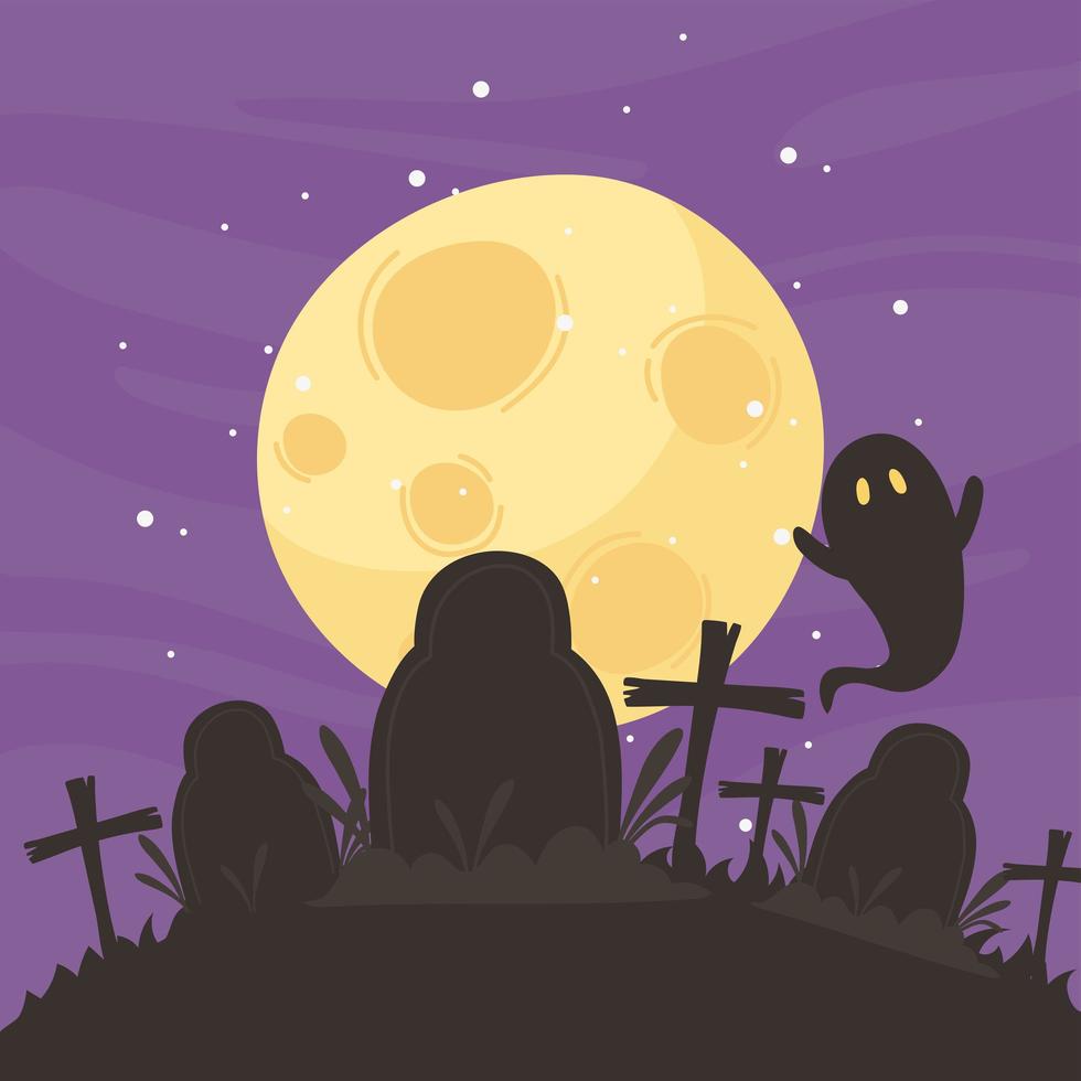 Happy halloween, ghost, cemetery, and moon night sky vector