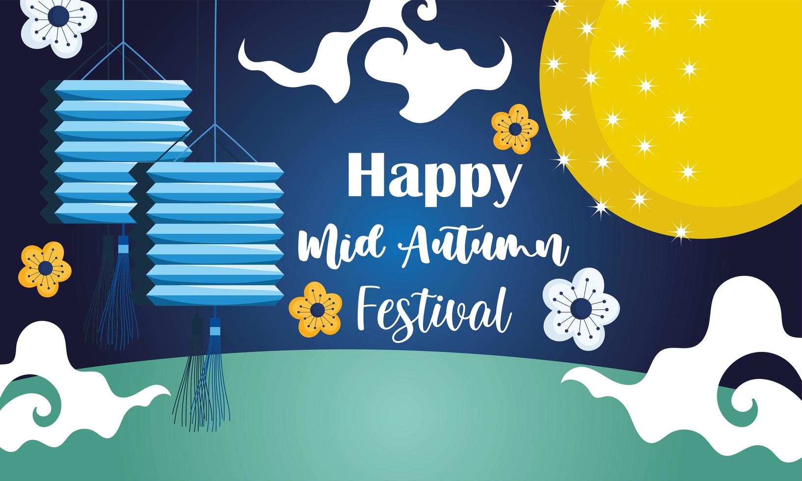 Mid-autumn festival with Chinese lanterns and flowers vector