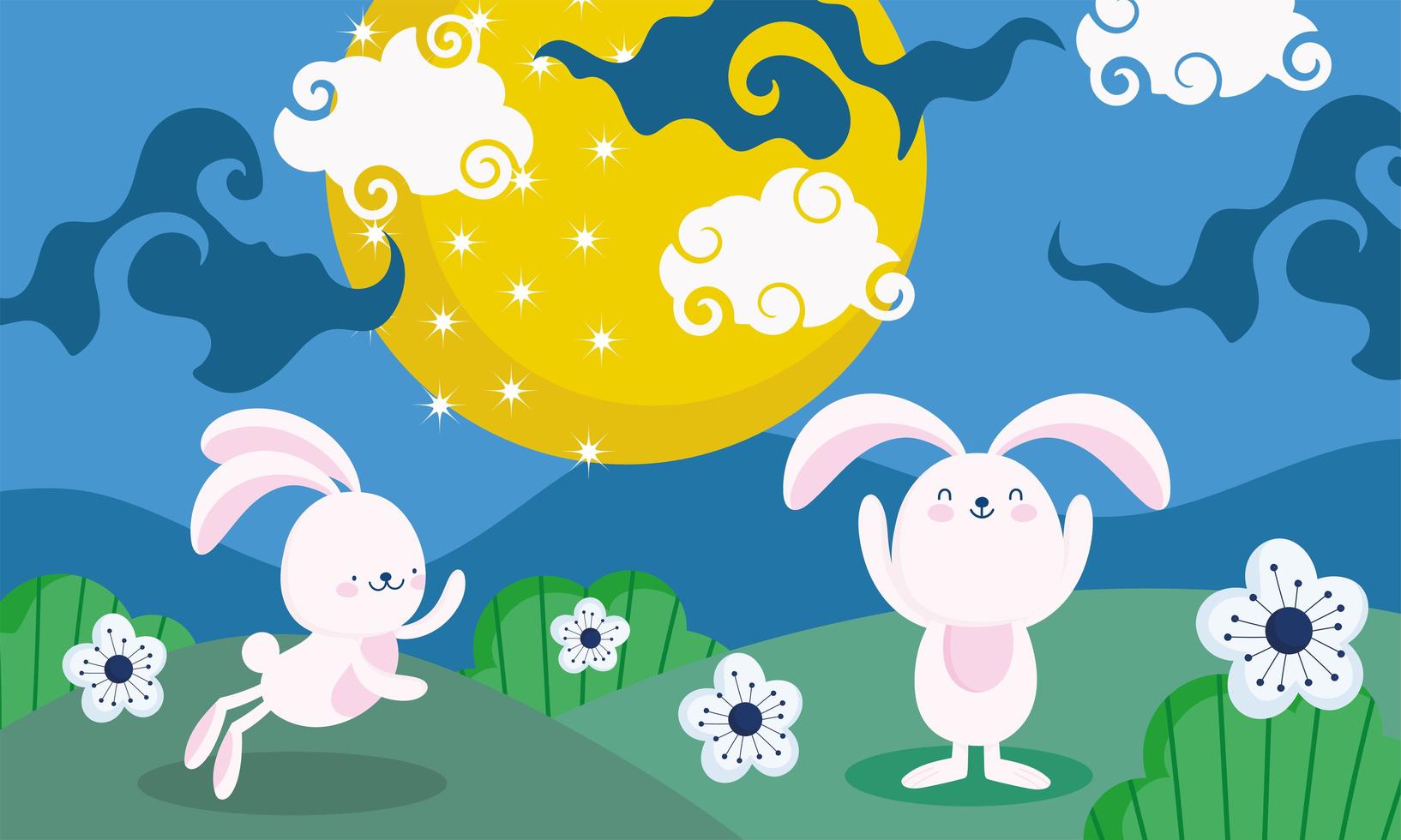Mid-autumn festival with bunnies, moon, and flowers  vector