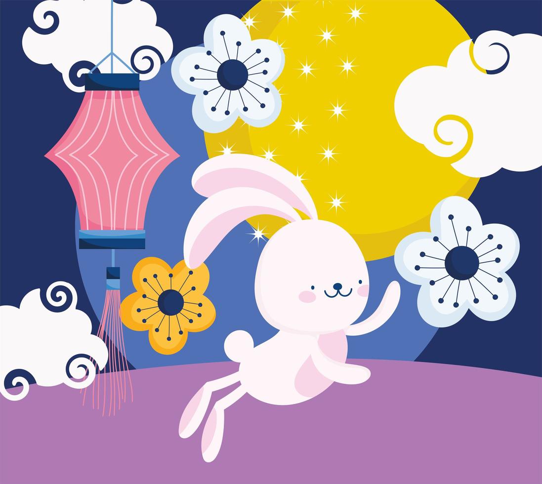 Mid-autumn festival with rabbit, Chinese lantern, flowers  vector