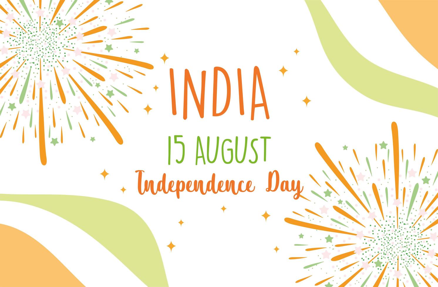 feliz día de la independencia india bandera de fuegos artificiales tarjeta de color vector