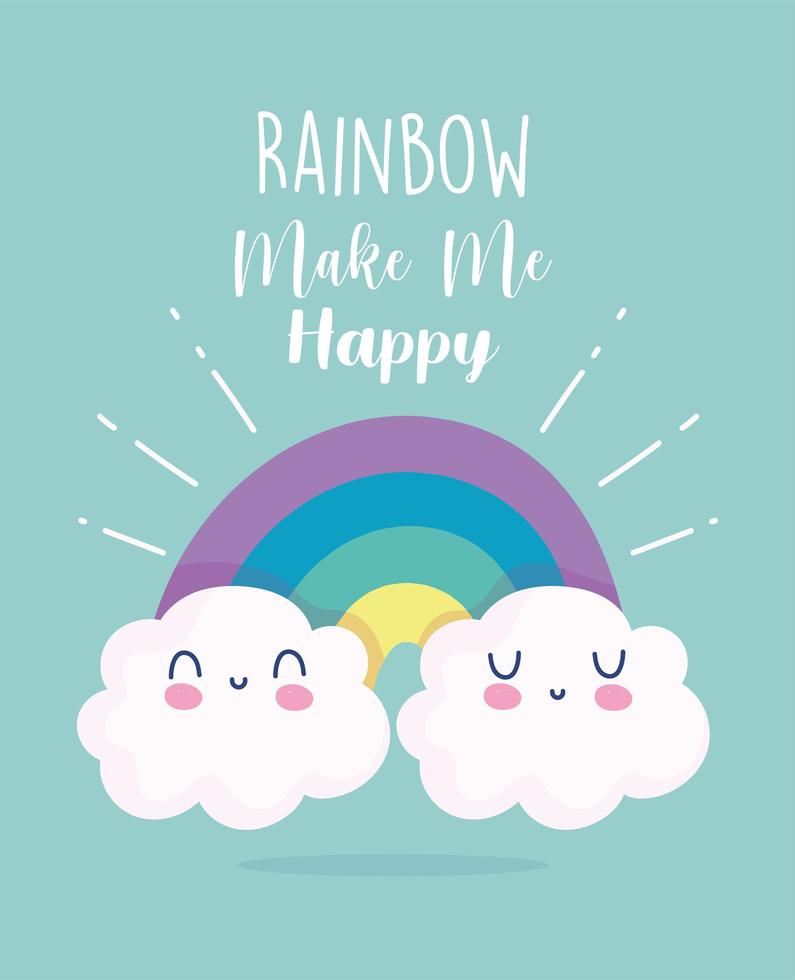 Cute little rainbow with clouds card design vector