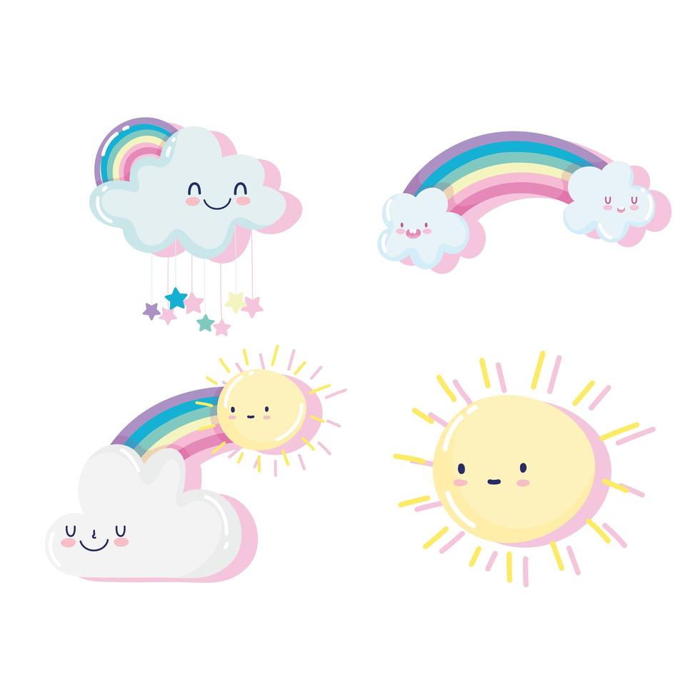 lindo arco iris con nubes conjunto de iconos vector