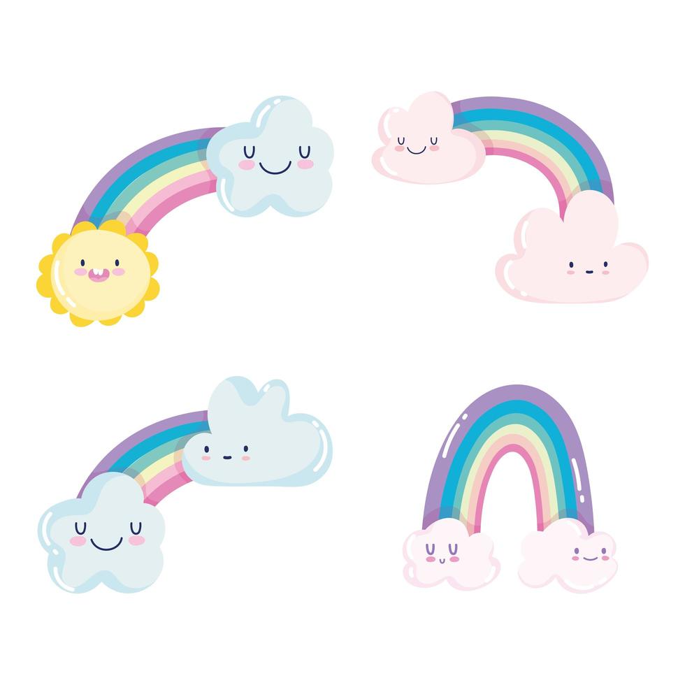 Cute rainbows with clouds icon set vector