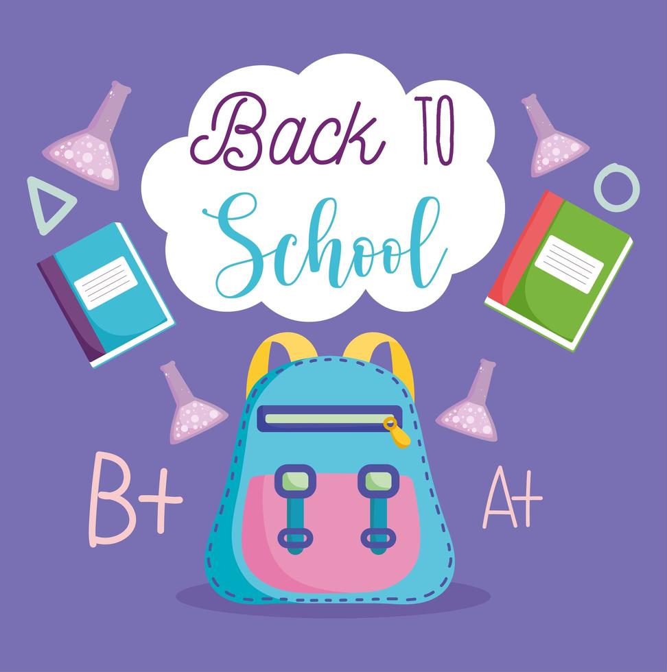 Back to school, backpack, laboratory test tubes and books  vector