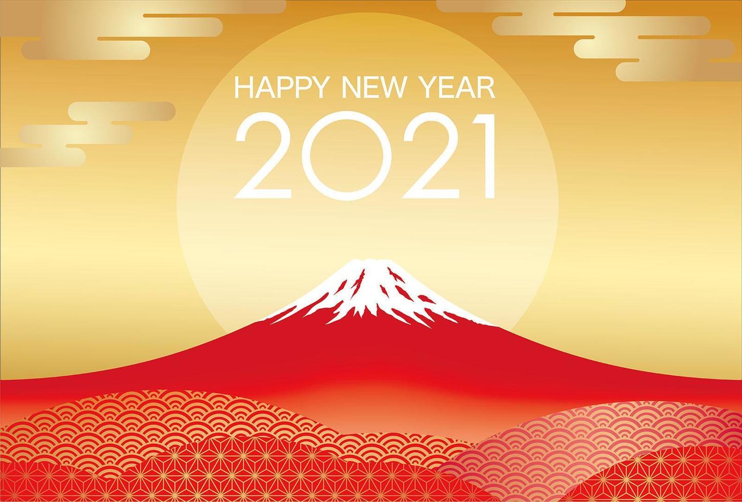 2021 New Years Greeting Card Template with Mt. Fuji vector