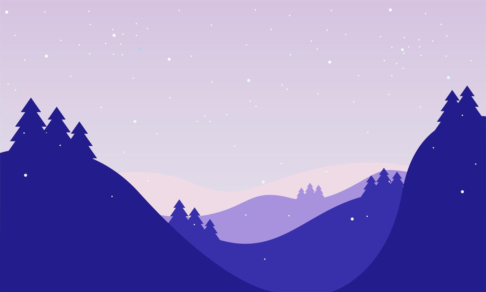 paisaje de invierno en tonos morados en estilo de dibujos animados vector