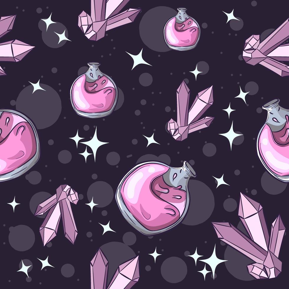 Pink poison bottle and amethyst, Halloween seamless pattern vector