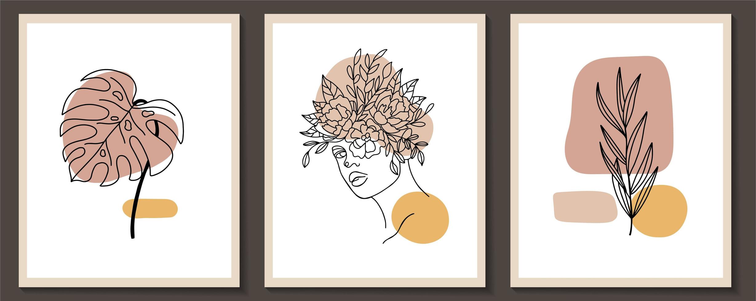 conjunto de carteles de arte de línea continua de rostro y flores de mujer vector