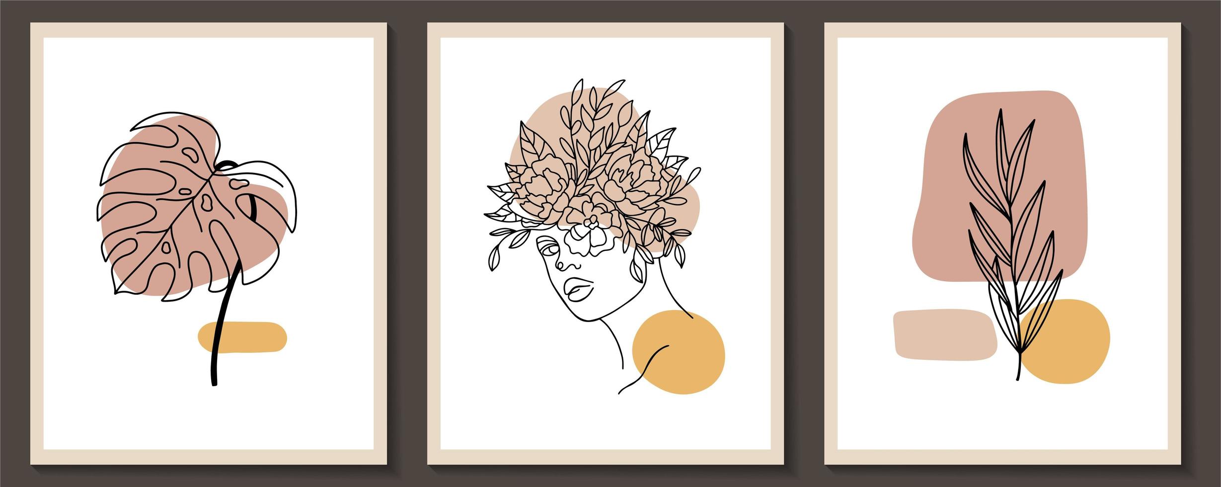 Set of woman face and flowers continuous line art posters vector