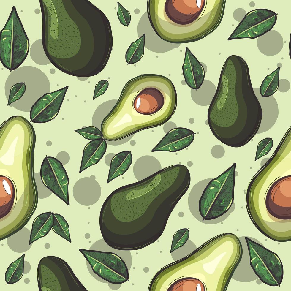 Green seamless pattern with avocado fruits and leaves vector