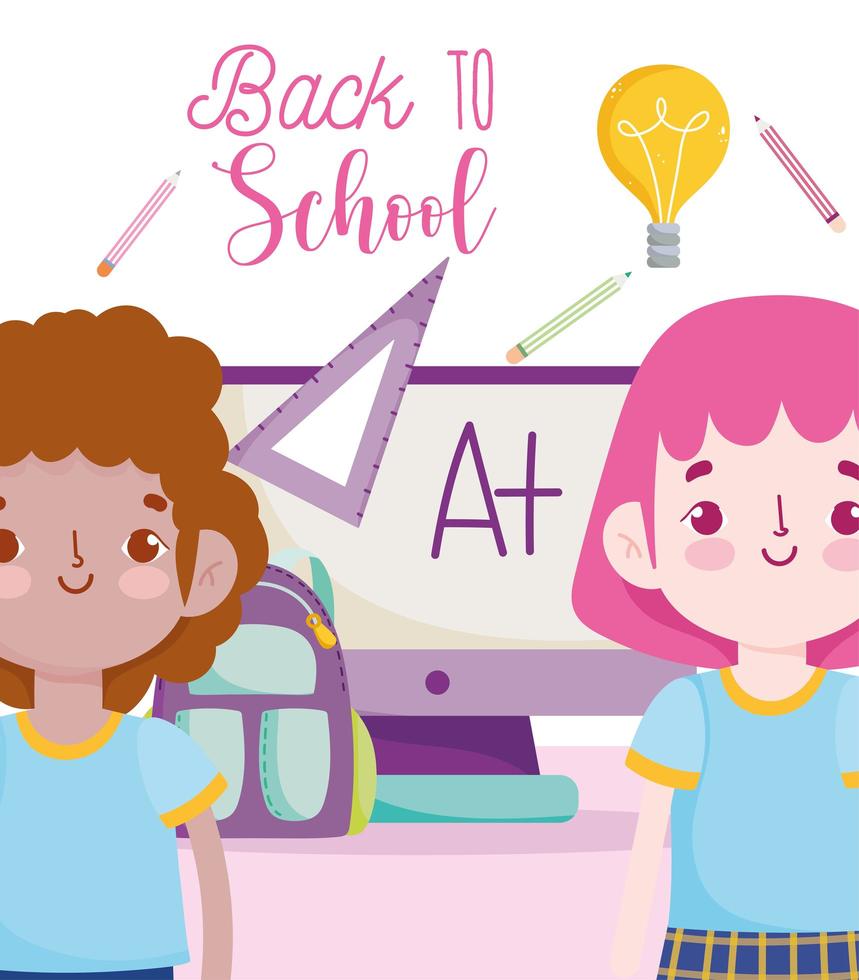 Back to school poster with students and materials vector