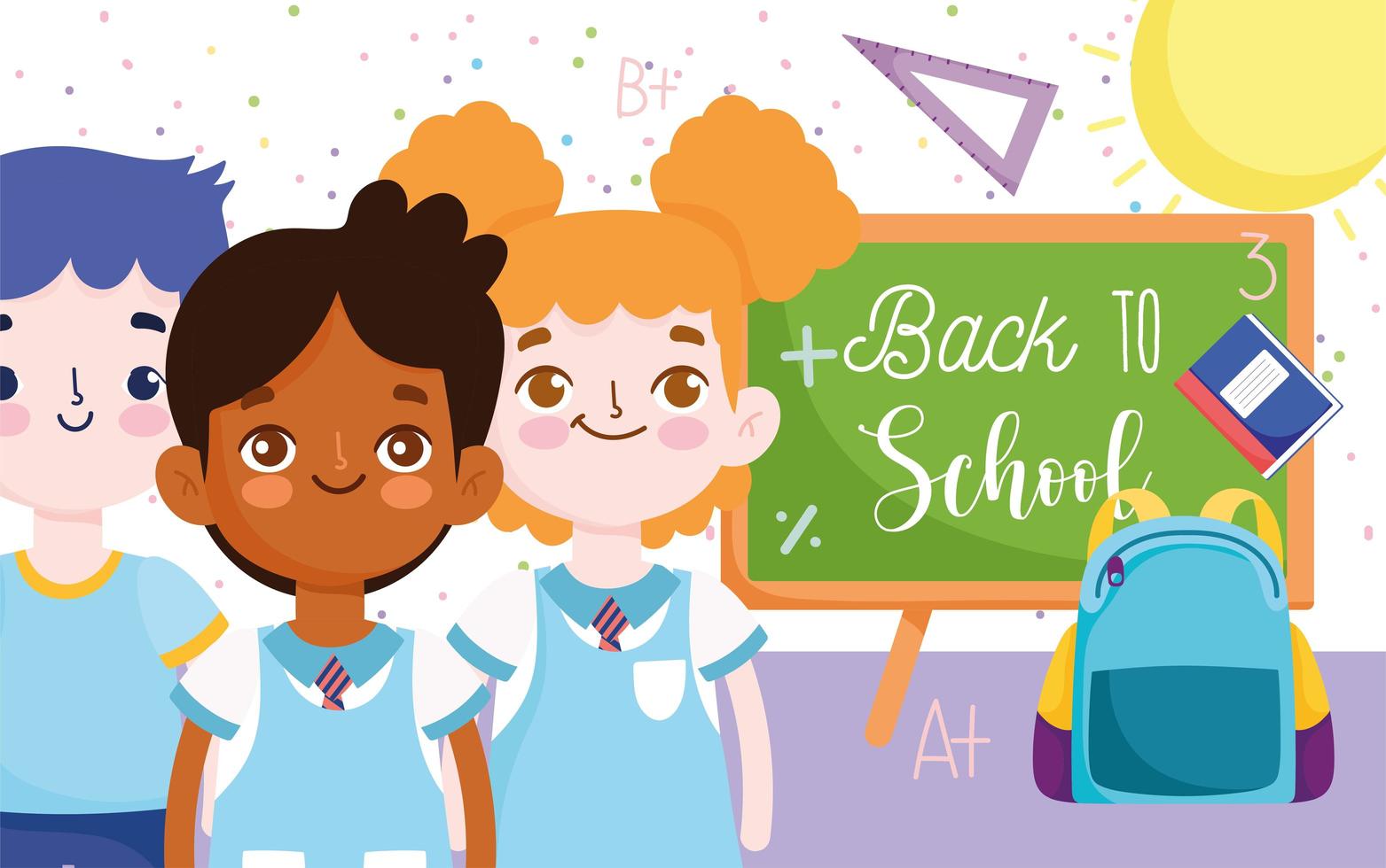Back to school banner with students and materials vector