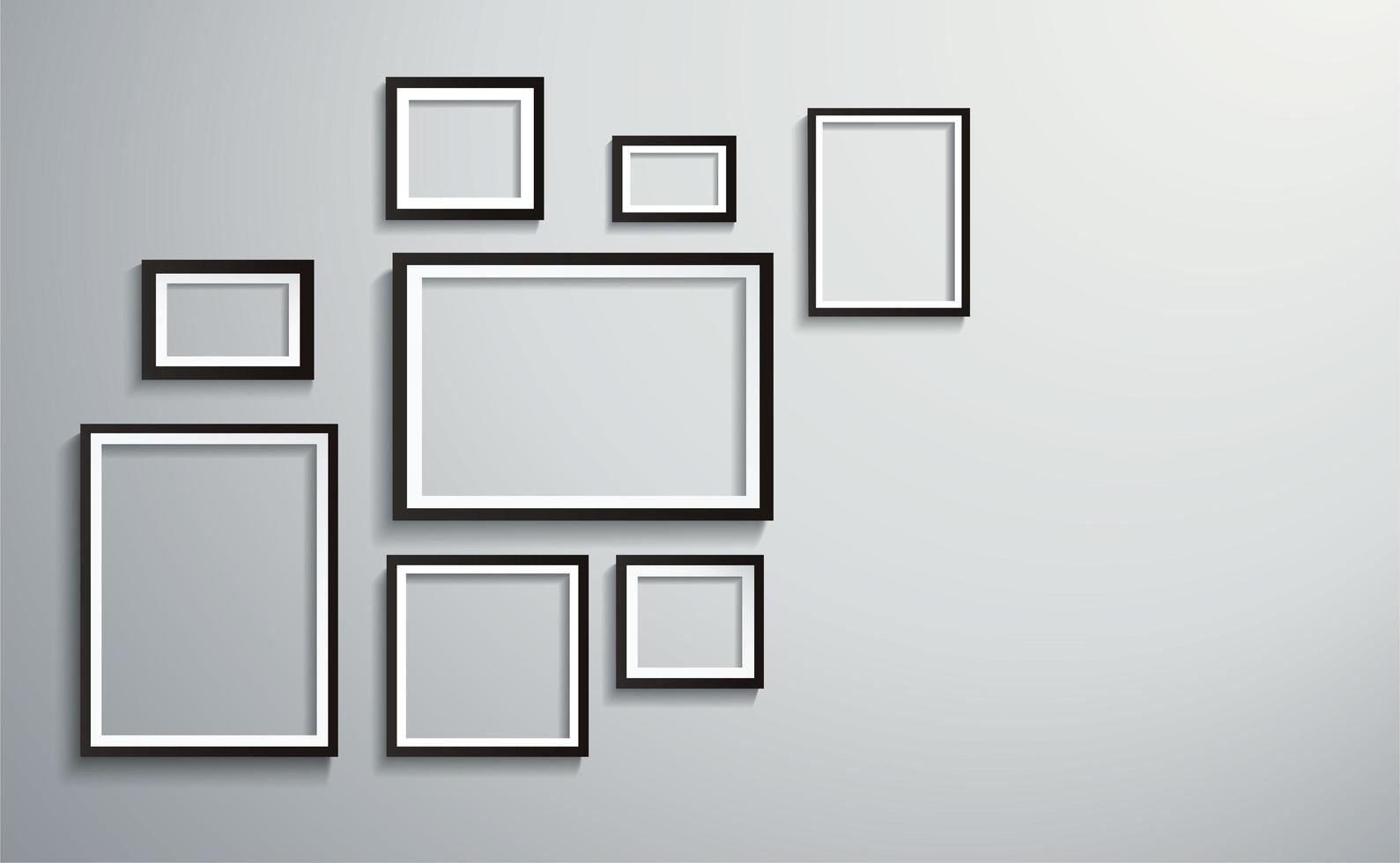 Black border different sized picture frames on wall vector