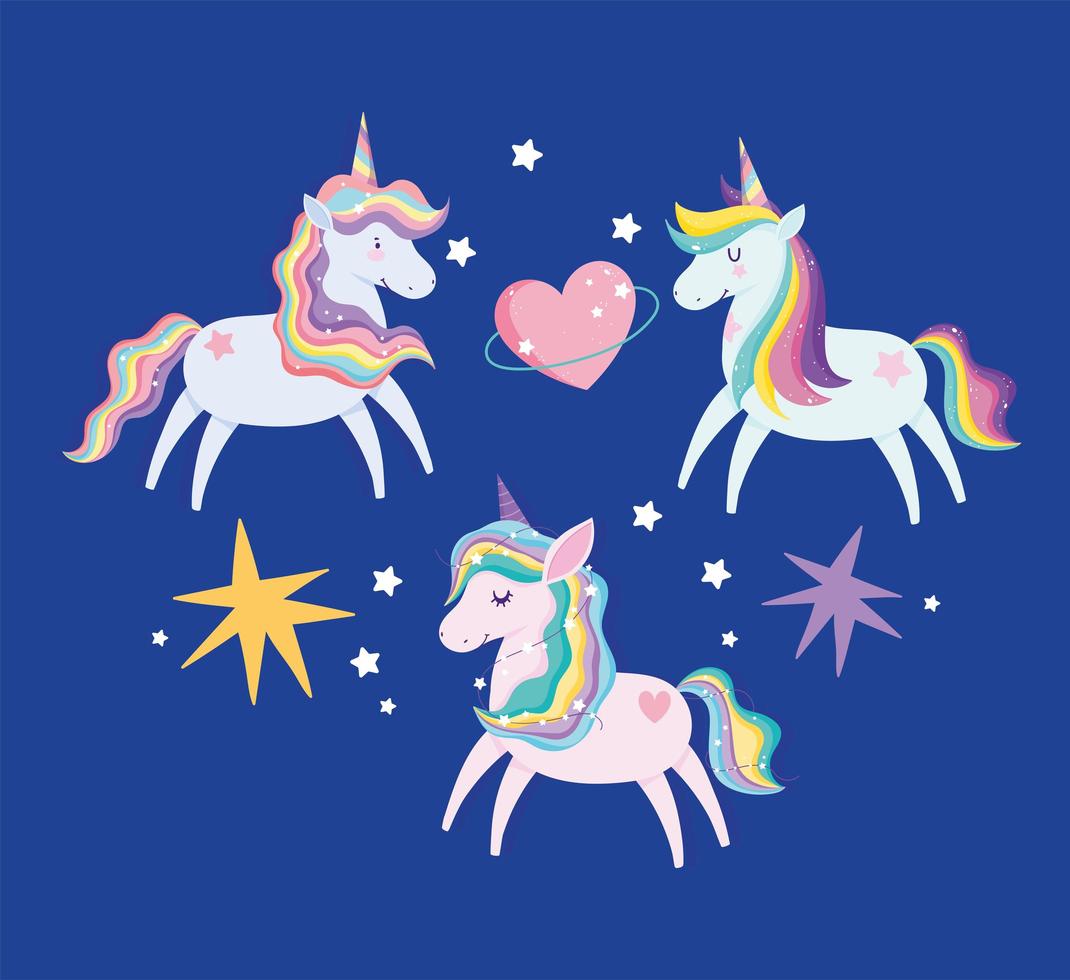 Set of cute magic unicorns vector