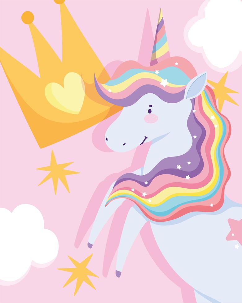 Magic unicorn with crown, clouds, and stars vector