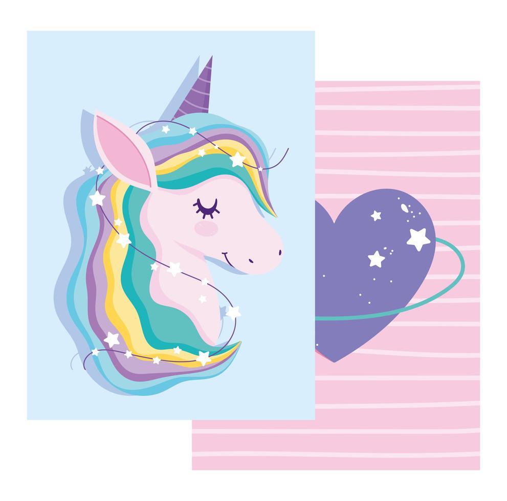 tarjeta de felicitación con unicornio mágico colorido y corazón vector