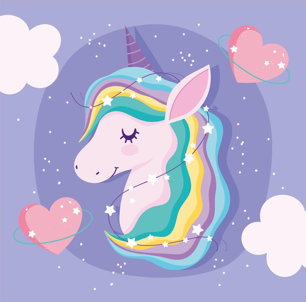 cabeza de unicornio mágico con estrellas y corazones vector