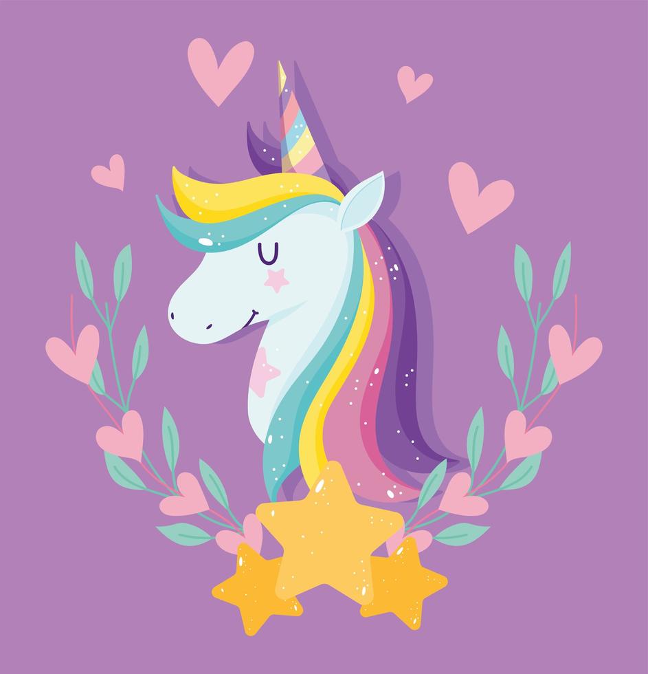 cabeza de unicornio mágico con estrellas, hojas y corazones vector