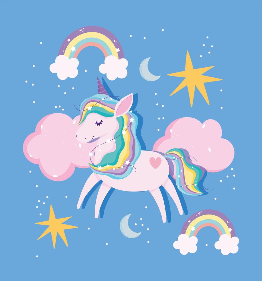 unicornio mágico con arcoiris y elementos celestiales. vector