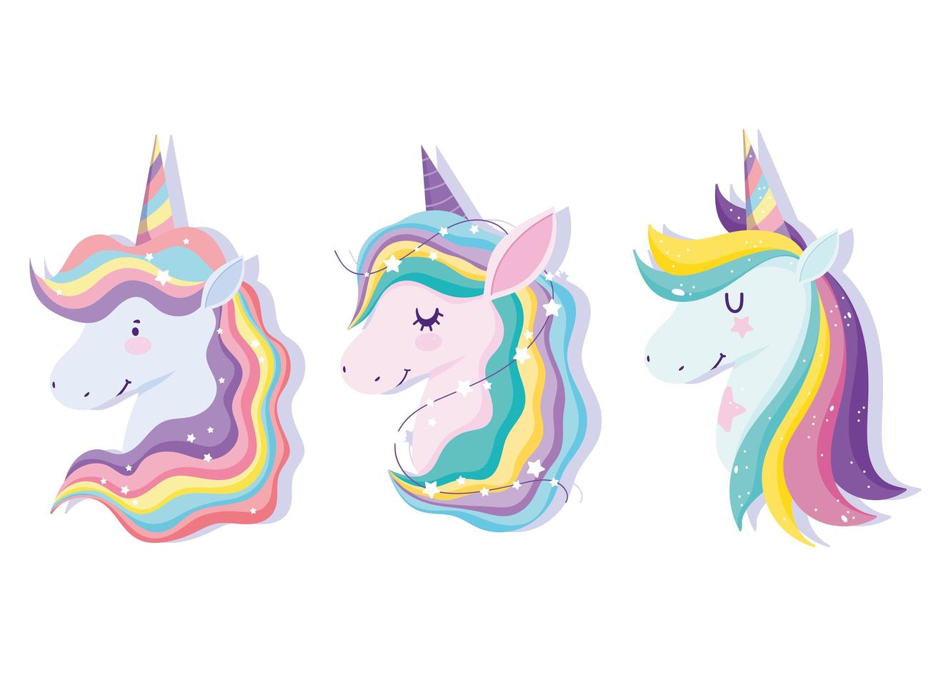 Set of cute magic unicorn heads vector