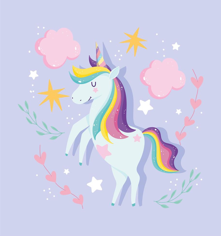 unicornio mágico con elementos florales y celestiales. vector