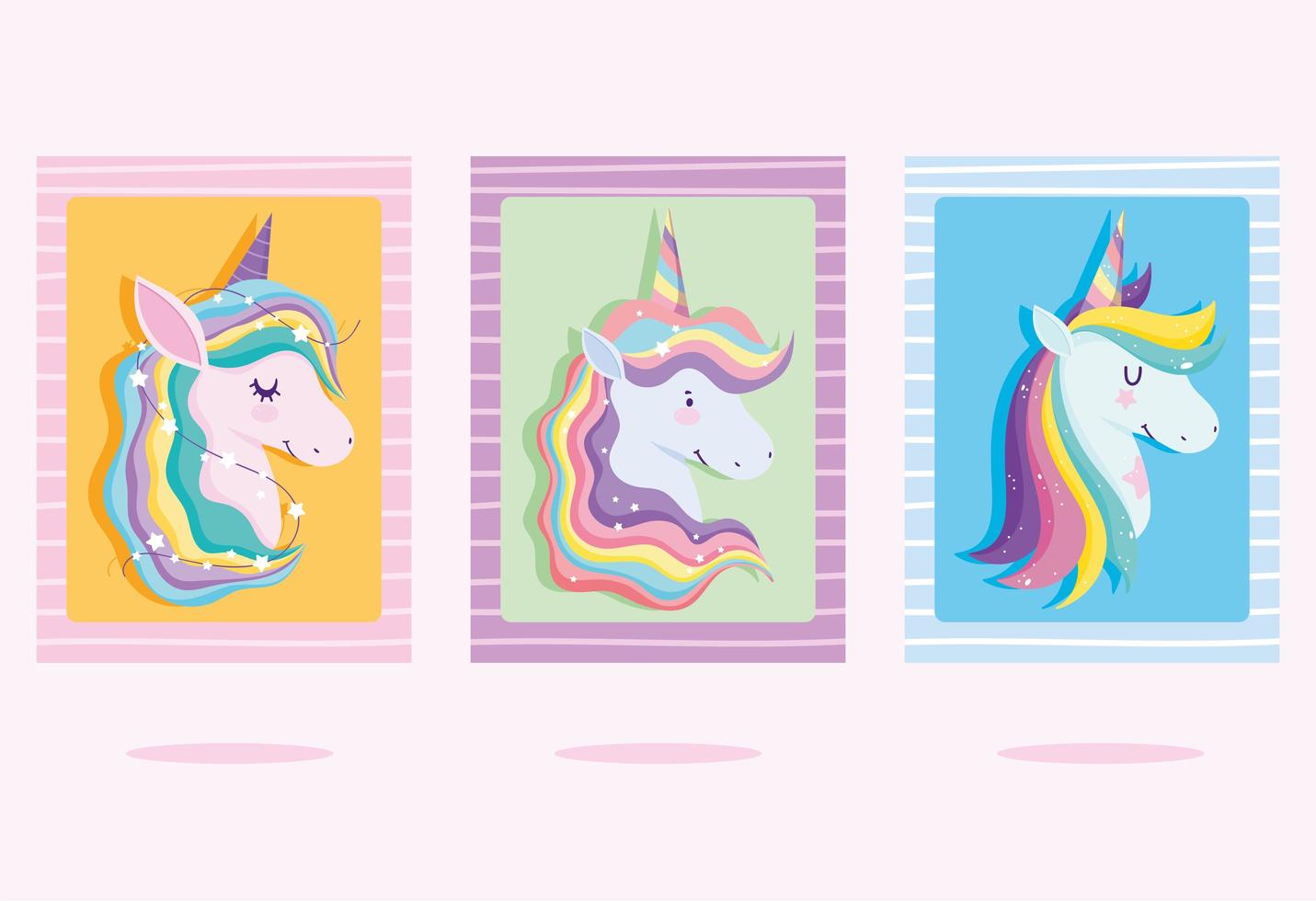 Set of greeting cards with colorful unicorn heads vector