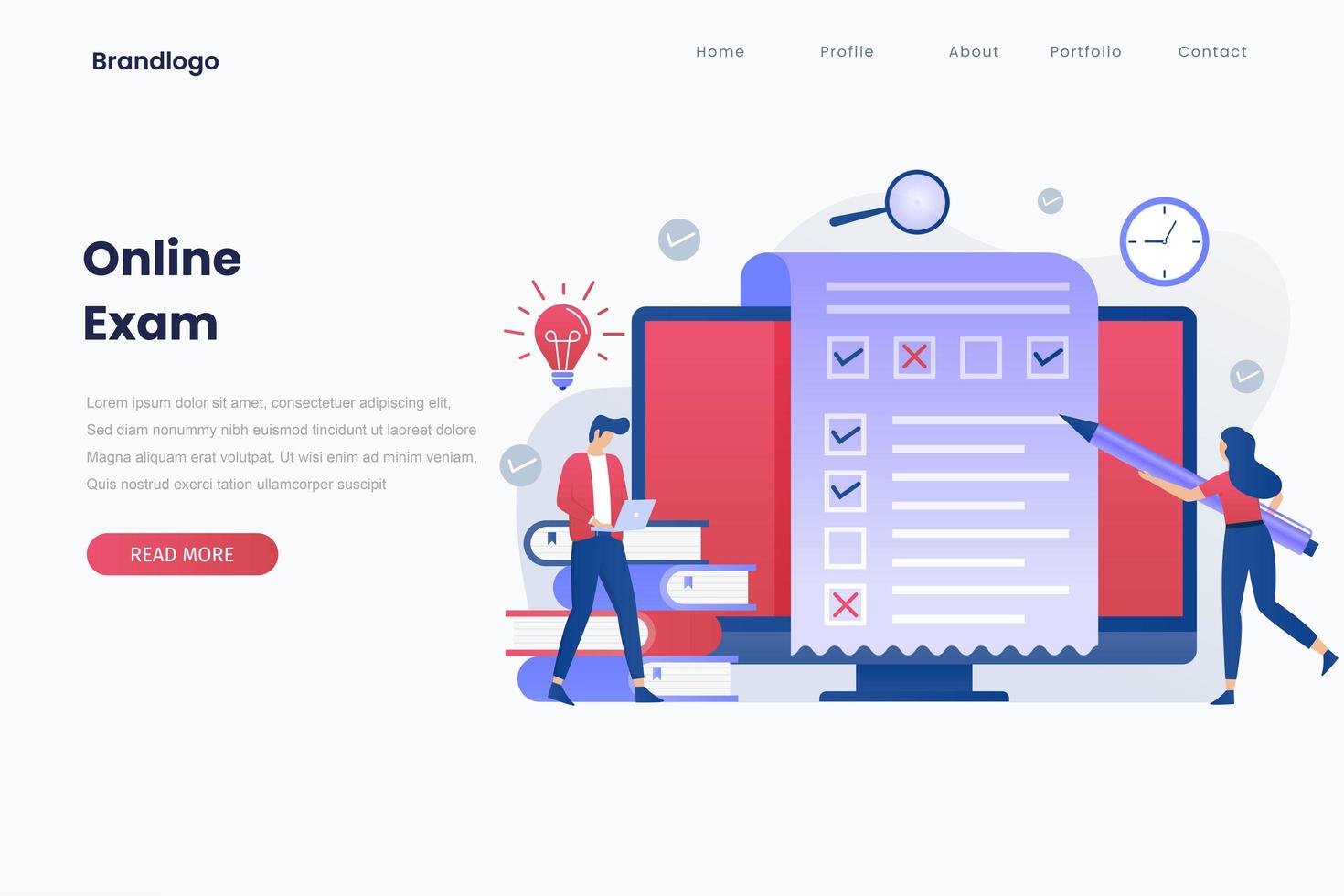 Online exam website landing page vector