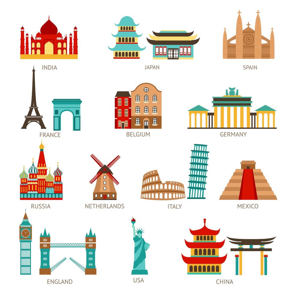 conjunto de iconos de viajes emblemáticos vector