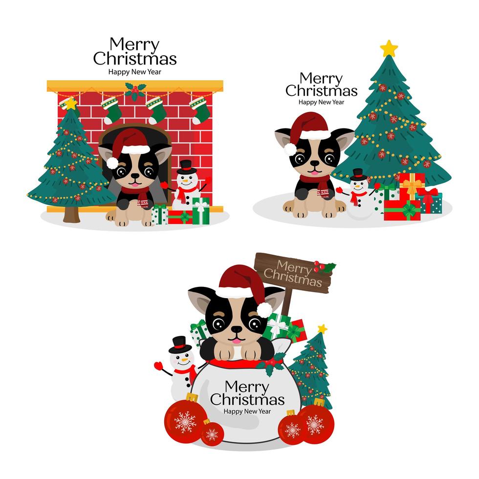 tarjeta de navidad con lindo perro con sombrero de santa vector