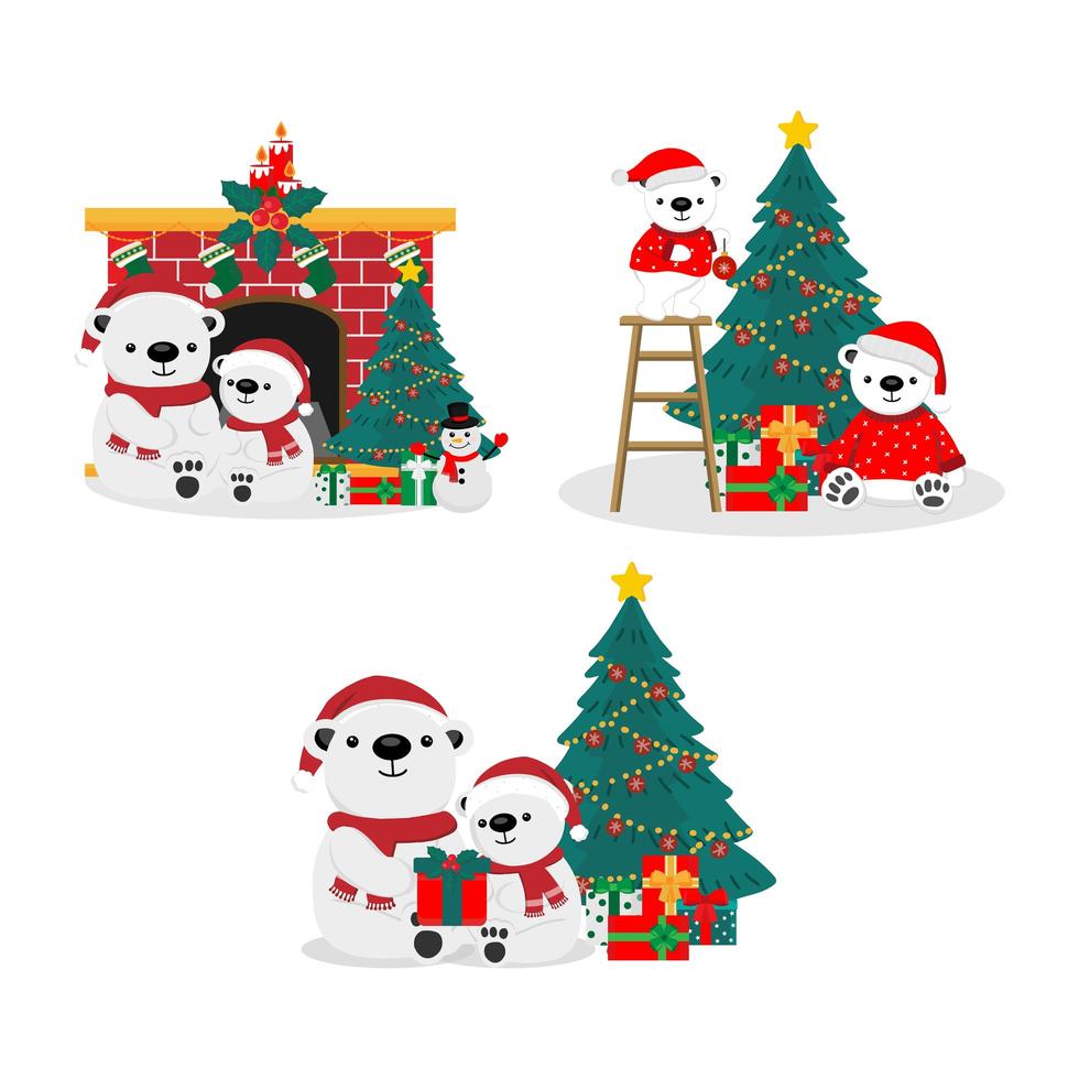 Cute Bears in Christmas theme set vector