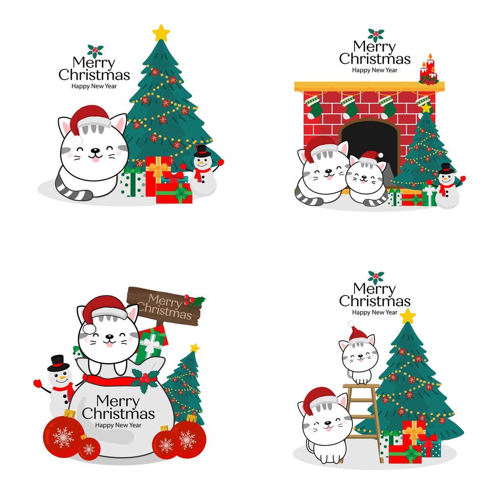 Christmas and new year happy cats in Santa hats vector
