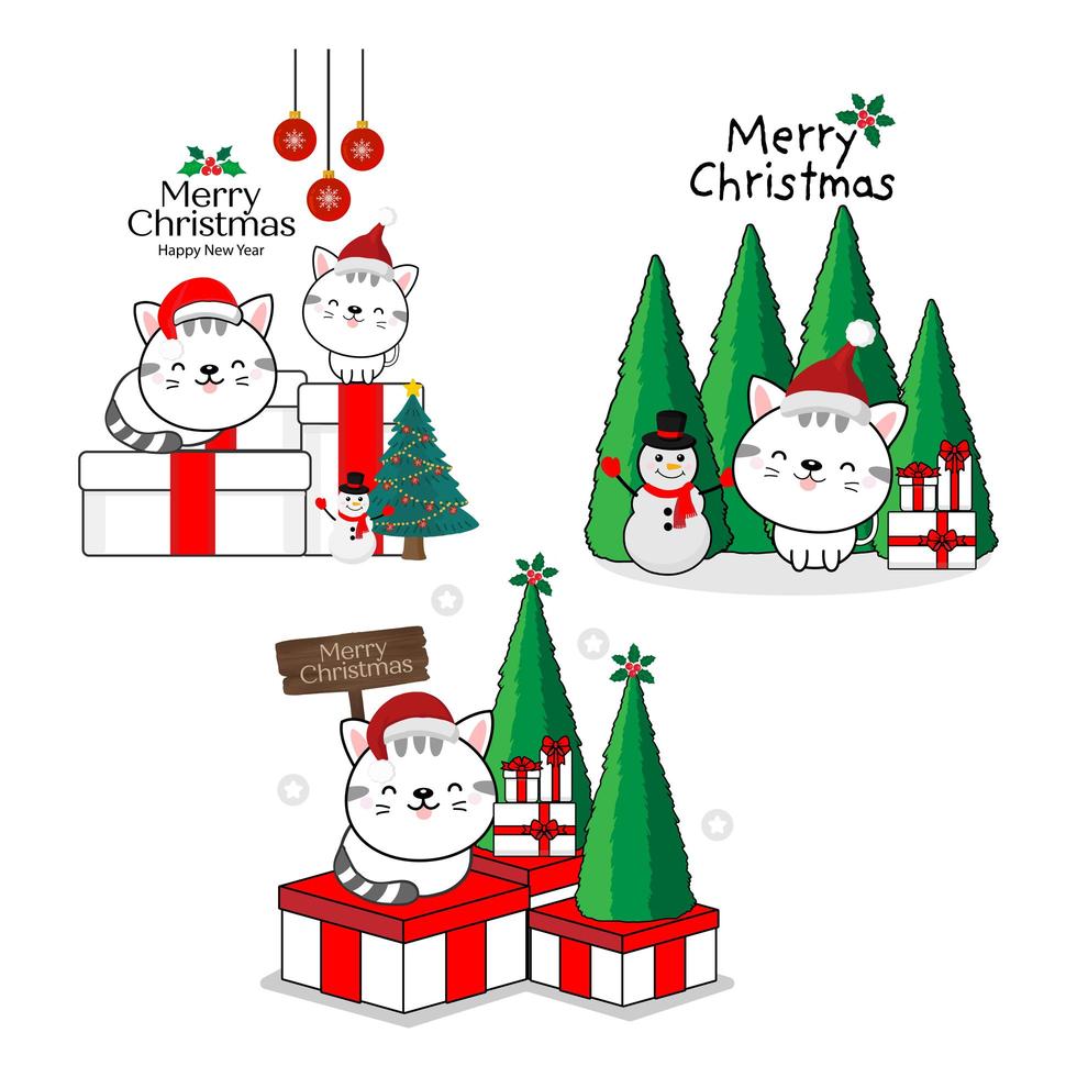 Happy cats in Santa hats. Merry Christmas and Happy New Year card. vector