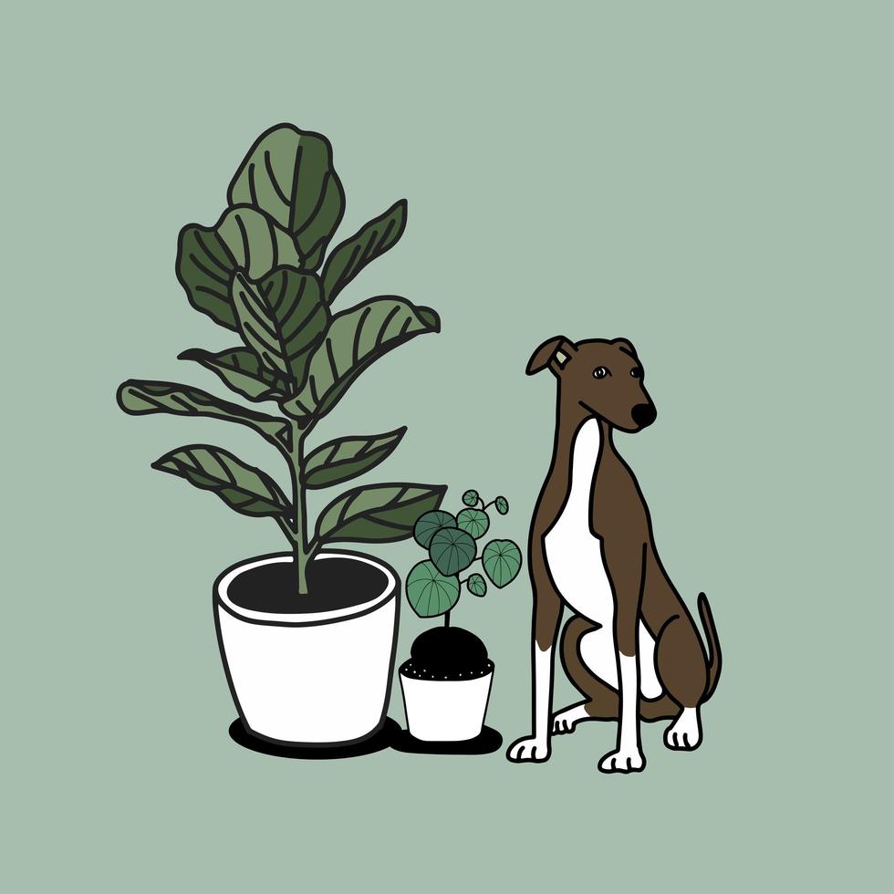 plantas de la casa dibujadas a mano y lindo perro vector