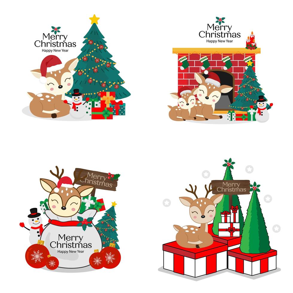 Christmas and new year cute deer cartoon set vector