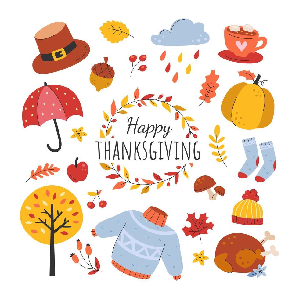 Happy Thanksgiving and Fall Icon Set vector