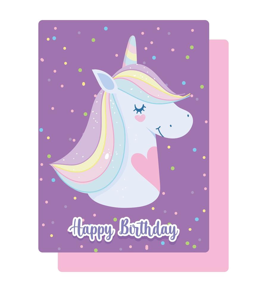 tarjeta de cumpleaños con cabeza de unicornio mágico vector