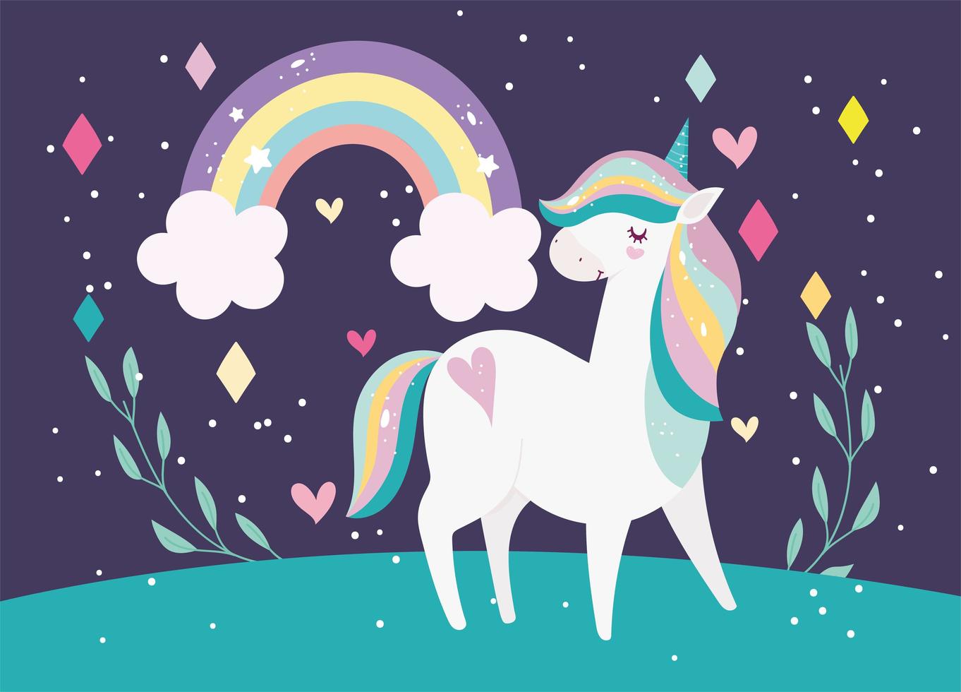 unicornio mágico de dibujos animados con banner de arco iris vector